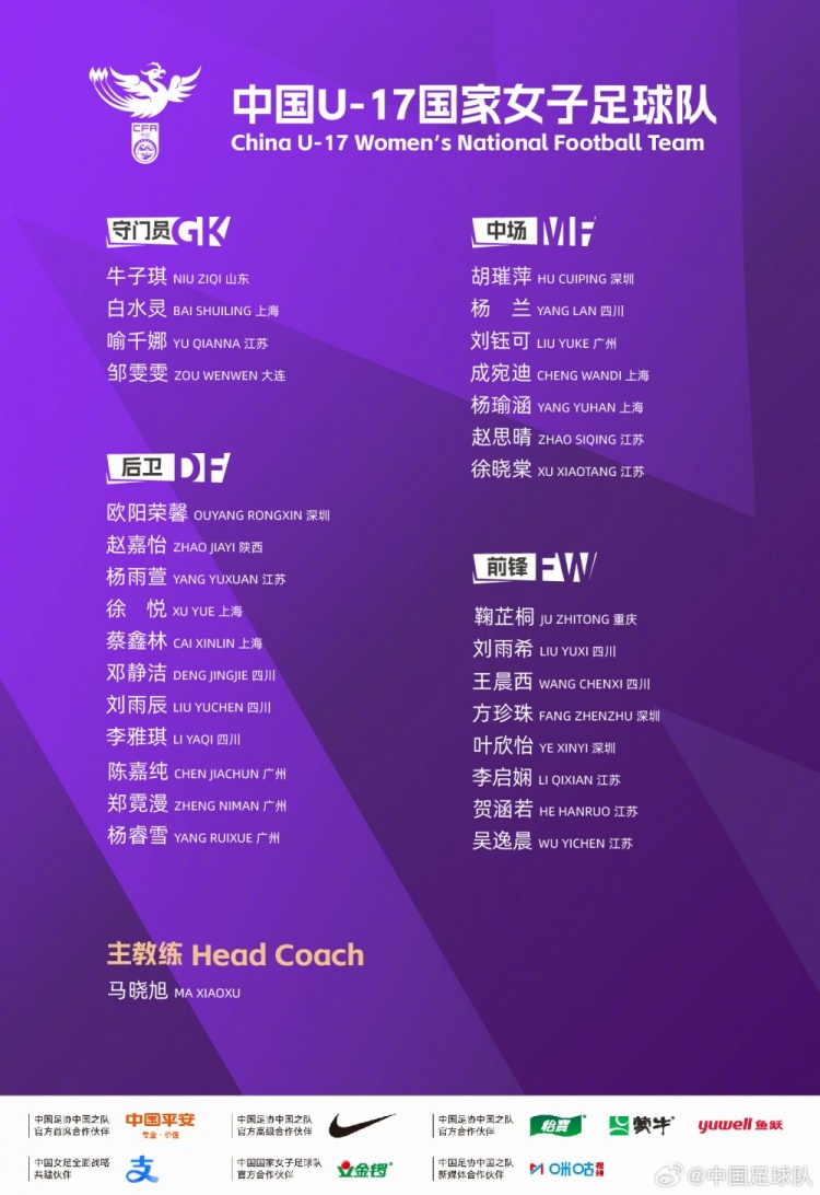 马晓旭执教的U17女足将出战明日之星杯，对阵皇马、拜仁、曼城