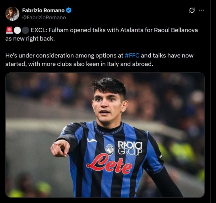 罗马诺：富勒姆有意贝拉诺瓦，已与亚特兰大展开谈判